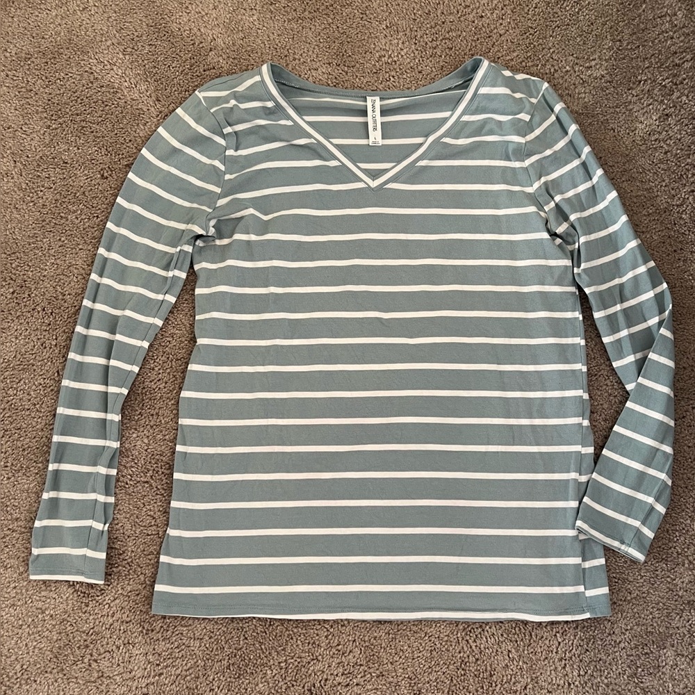Zenana Outfitters Blue Striped Long Sleeve Shirt Large